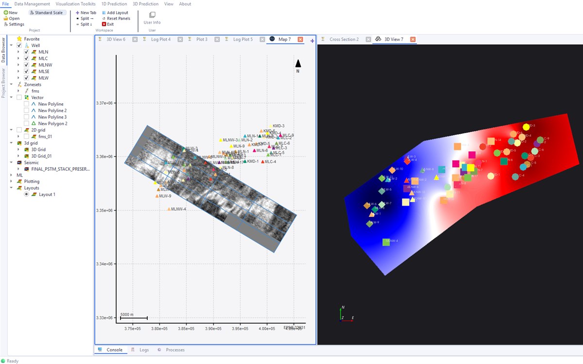 Geo-Base: the project browser at left, a base map of the wells over a seismic line, and beside it a 3D view of a gridded surface with the same wells posted on it.