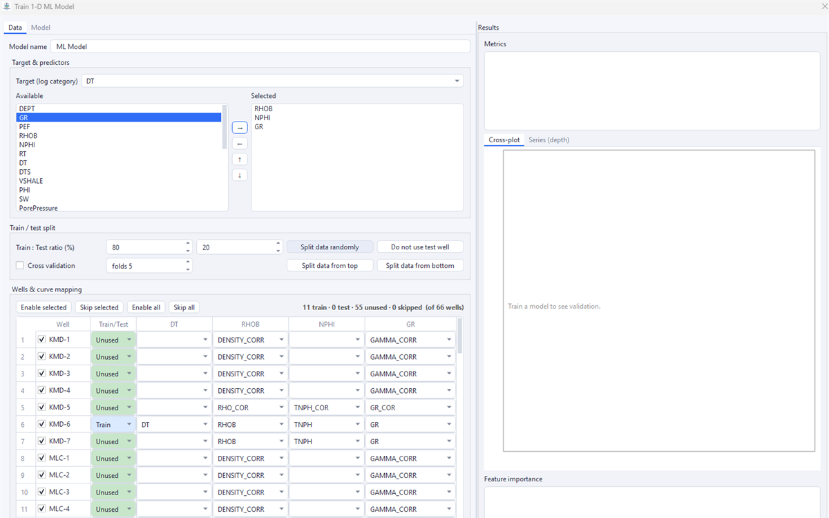 Geo-Base machine learning dialog: choosing a target log and its predictors, setting the train/test split, and mapping each well's curves before training.