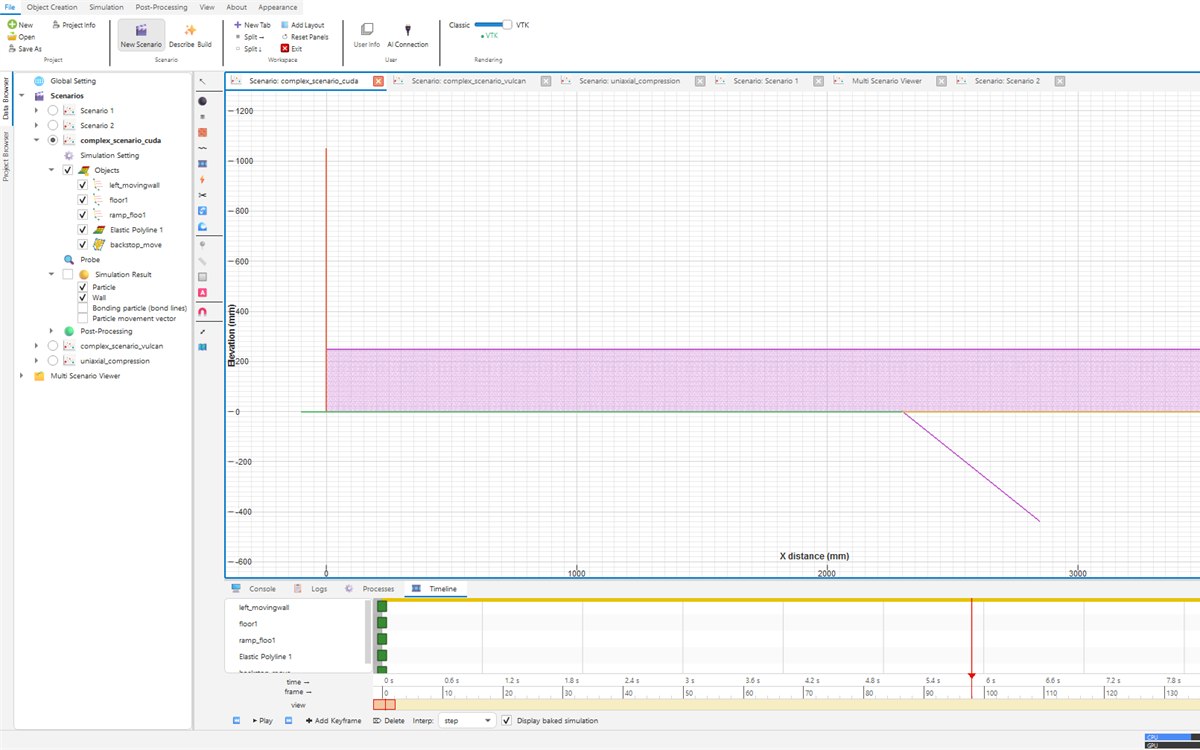 Geo-DEMM workspace: the scenario tree with its objects at left, the model view in the middle, and the keyframe timeline docked underneath.